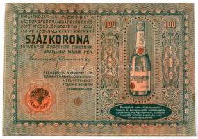 1913 Arad, Andrényi Kálmán utódai 100 koronás bankjegyet mintázó pezsgőreklám, hátoldalán kitöltetlen jegyzék, 12,5x18 cm