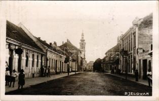 Belovár, Bjelovar; utca, üzletek, templom / street view, shops, church (fl)