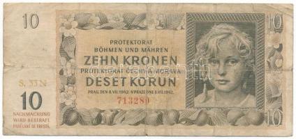 Német Harmadik Birodalom / Cseh-Morva Protektorátus 1942. 10K "S.33N 713280" T:VG German Third Empire / Protectorate of Bohemia and Moravia 1942. 10 Korun "S.33N 713280" C:VG Krause P#8
