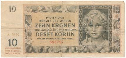 Német Harmadik Birodalom / Cseh-Morva Protektorátus 1942. 10K "S.36N 588797" T:VG German Third Empire / Protectorate of Bohemia and Moravia 1942. 10 Korun "S.36N 588797" C:VG Krause P#8