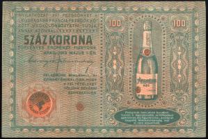 1913 Arad, Andrényi Kálmán utódai 100 koronás bankjegyet mintázó pezsgőreklám, hátoldalán kitöltetle...