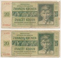 Német Harmadik Birodalom / Cseh-Morva Protektorátus 1944. 20K (2x) T:VG szakadások German Third Reich / Protectorate of Bohemia and Moravia 1944. 20 Korun (2x) C:VG tears Krause P#9