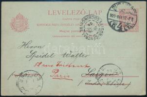 1909 10f díjjegyes levelezőlap Indokínába, majd továbbküldve Párizsba / 10f PS-card to Saigon, redir...