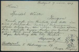 1909 10f díjjegyes levelezőlap Indokínába, majd továbbküldve Párizsba / 10f PS-card to Saigon, redir...