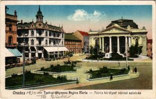 1930 Nagyvárad, Oradea; Teatrul orasenesc Regina Maria / Látkép a Mária királyné városi színházzal, üzletek / theatre, shops (fl)