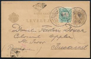 1896 2kr millenniumi díjjegyes levelezőlap 3kr díjkiegészítéssel Bukarestbe, "BUDAPEST-KONSTANT...