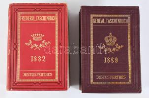 Gothaisches Genealogisches Taschenbuch der freiherrlichen Häuser 1882. Zwei und Dreißigster Jahrgang. Gotha, 1882, Justus Perthes, 1 t. +XIV+1018 p. Német nyelven. Kiadói aranyozott egészbőr-kötés, aranyozott lapélekkel, kopott borítóval, sérült gerinccel. + Gothaisches Genealogisches Taschenbuch nebst diplomatisch-statistischem Jahrbuch 1889. Gotha, 1889, Justus Perthes, 1. (II. Vilmos német császár és porosz király) t.+XVI+1081+3 p. + 5 (Augusta Victoria német császárné és porosz királyné, III. Frigyes német császár és porosz király, Victoria német császárné és porosz királyné (Kaiserin und Königin Friedrich), Victor Emanuel olasz koronaherceg (későbbi III. Victor Emanuel olasz király), Sadi Carnot a Francia Köztársaság elnöke) t. Kiadói aranyozott egészvászon-kötés.