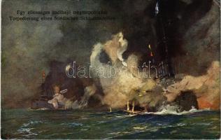 Egy ellenséges hadihajó megtorpedózása / Torpedierung eines feindlichen Schlachtschiffes. K.u.K. Kriegsmarine / WWI Austro-Hungarian Navy, sinking an enemy battleship s: Harry Heusser (r)