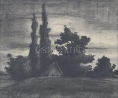 Nagy I jelzéssel: Táj házikóval. Szén, papír. Hátoldalán "Etának szeretettel Imre 1922" fe...