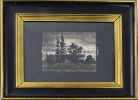 Nagy I jelzéssel: Táj házikóval. Szén, papír. Hátoldalán "Etának szeretettel Imre 1922" fe...