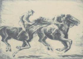 Réfi-Kády János (1894-?): Finish (lóverseny), 1930. Rézkarc, papír, jelzett. Dekoratív, üvegezett fa...