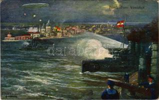 Az Osztrák-Magyar Haditengerészet Velence bombázásánál / Beschießung Venedigs. K.u.K. Kriegsmarine / WWI Austro-Hungarian Navy art postcard, Bombing of Venice s: F. Höllerer + "M. Kir. 51. Honvéd Tábori Tarackos Ezred" (EK)