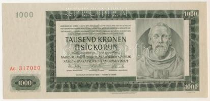 Német Harmadik Birodalom / Cseh-Morva Protektorátus 1942. 1000K "Ac 317020", "SPECIMEN (MINTA)" perforációval, 2. kiadás T:UNC,AU German Third Reich / Protectorate of Bohemia and Moravia 1942. 1000 Korun "Ac 317020" with "SPECIMEN" perforation, 2nd issue C:UNC,AU Krause 15.s