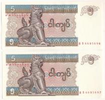 Mianmar 1997(DN) 5K (2x) sorszámkövető "BS 6695696 - BS 6695697" T:UNC Myanmar 1997(ND) 5 Kyats (2x) consecutive serials "BS 6695696 - BS 6695697" C:UNC Krause P#70b
