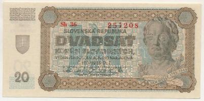 Szlovákia 1942. 20K "SPECIMEN (MINTA)" perforációval, "Sh 251208" T:UNC,AU Slovakia 1942. 20 Korun with "SPECIMEN" perforation, "Sh 251208" C:UNC,AU Krause P#7