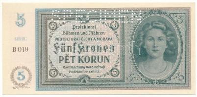 Német Harmadik Birodalom / Cseh-Morva Protektorátus 1940(DN) 5K "B019", "SPECIMEN (MINTA)" perforációval T:UNC,AU German Third Reich / Protectorate of Bohemia and Moravia 1940(ND) 5 Korun "B019" with "SPECIMEN" perforation C:UNC,AU Krause 4.s