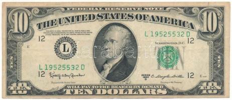 Amerikai Egyesült Államok 1957-1961 (1950D) 10$ "Federal Reserve Note" zöld pecsét "Kathryn O'Hay Granahan - Clarence Douglas Dillon" T:F USA 1957-1961 (1950D) 10 Dollars "Federal Reserve Note" green seal "Kathryn O'Hay Granahan - Clarence Douglas Dillon" C:F Krause P#439