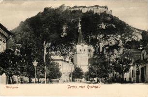 Barcarozsnyó, Rozsnyó, Rasnov, Rosenau; Templom utca, vár, evangélikus templom / Kirchgasse / street...