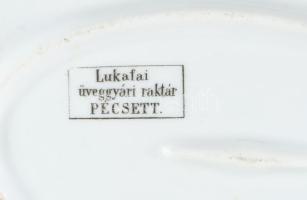 "Lukafai üveggyári raktár Pécsett" feliratos ovális kínáló, kopással, 38x25 cm