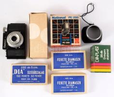 Vegyes fényképezési tétel, fényképezőgép, diamaszk, szegőszalag, vaku, stb