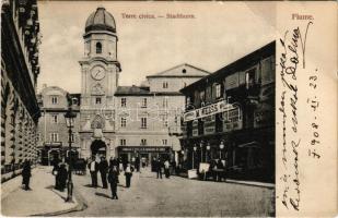 1908 Fiume, Rijeka; Stadthurm / Torre civica / városháza, torony, M. Weiss üzlete, gyógyszertár / tower, shops, pharmacy (EB)