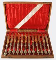 Ezüst (Ag) nyelű 12 személyes kés garnitúra, jelzett, h: 18 cm