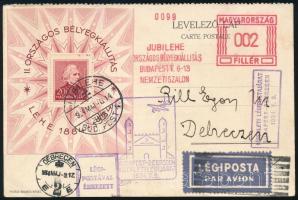 1934 LEHE blokk légi levelezőlapon alkalmi bélyegzésekkel / Mi block 1 on airmail postcard