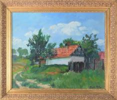 Bak Péter (1950-): Faluvége (cím nélkül). Olaj, karton, jelzett. Dekoratív, kissé sérült fakeretben,...