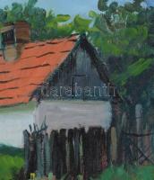 Bak Péter (1950-): Faluvége (cím nélkül). Olaj, karton, jelzett. Dekoratív, kissé sérült fakeretben,...