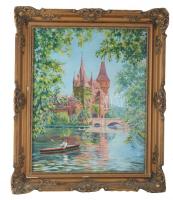 Olvashatatlan jelzéssel: Csónakázók a Városligeti tavon, 1932. Olaj, vászon. Dekoratív, kissé sérült...