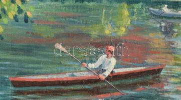 Olvashatatlan jelzéssel: Csónakázók a Városligeti tavon, 1932. Olaj, vászon. Dekoratív, kissé sérült...