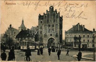 1915 Olsztyn, Allenstein; Hohes Tor. Verlag W. Rumler / tower, tram, shops (tiny pinholes)