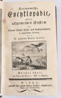 Krünitz, Johann Georg: Oeconomische Encyklopädie, oder allgemeines System der Staats-, Stadt-, Haus- und Landwirthschaft, in alphabetischer Ordnung. Dritter Theil von Aug bis Bauer. mit 17 Kupfern Brünn, 1787. Traßler, 1t (rézm) 815p. 17 kih rézm. t. Aranyozott félbőr kötésben