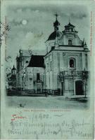 1900 Sambir, Szambir, Sambor; Ulica Mickiewicza / Mickiewicz Gasse. Filip Schwarz / church at night ...