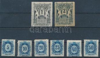 1874 Réznyomat Távírda sor / Mi T 9-16 (25kr falcos / hinged, 1Ft ráncok / creases)