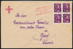 1946.05.22. (16. díjszabás) Vöröskeresztes levél Betűs Ajánlás/24f négyestömbbel + Újjáépítés 3000P ...