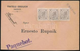 ~1898 Peterdi-féle hajóposta-nyomtatvány osztrák 1kr hármascsíkkal, harangos hajóbélyegzéssel + kék ...