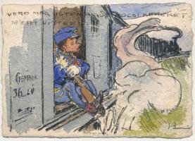 1900 'Verd meg Isten a gőz kerekét...' egyedi, kézzel festett művészlap, vonat, gőzmozdony...
