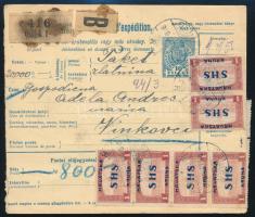 SHS 1919 Kétnyelvű csomagszállító szelvény Parlament és SHS bélyegekkel, Bodor vizsgálójellel