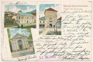 1901 Körmöcbánya, Kremnitz, Kremnica; Izraelita templom, zsinagóga, városkapu 1600-ból, evangélikus ...