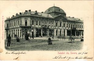 1900 Turnu Severin, Szörényvár; Hauptplatz / main square, beer hall and restaurant, bank. D. R. Radu...
