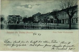 1899 Turnu Severin, Szörényvár; Piata Tudor Vladimirescu / square at night in moonlight, shop of T. ...