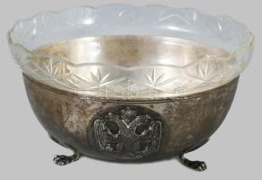 cca 1955 George Stephanides ciprusi ezüst (Ag) kínáló, üvegbetéttel, oldalán címeres díszítménnyel. ...