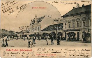 1902 Makó, Fő tér, Központi kávéház, gyógyszertár, üzletek.Gaál László kiadása (apró lyukak / tiny p...
