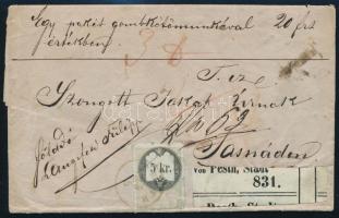 1865. Értékcsomag kisérő levél 20Ft értékű csomagról levéltartalommal, 5kr okmánybélyeggel / Insured...