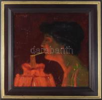 Horváth A jelzéssel: Cigarettázó hölgy. Olaj, falemez. Apró felületi sérülésekkel. Dekoratív fakeret...