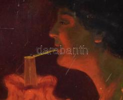 Horváth A jelzéssel: Cigarettázó hölgy. Olaj, falemez. Apró felületi sérülésekkel. Dekoratív fakeret...