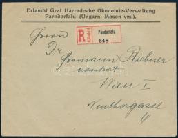 1920 Ajánlott céges levél "PÁNDORFALU" - Bécs / Registered business cover to Vienna