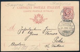 Olasz posta Levant 1910 20para felülnyomott díjjegyes levelezőlap osztrák-magyar haditengerészeti ti...