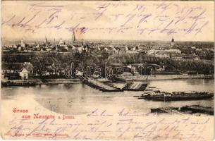 1900 Újvidék, Neusatz, Novi Sad; nyitott pontonhíd a Dunán elhaladó uszállyal. Gustav Kunst kiadása ...